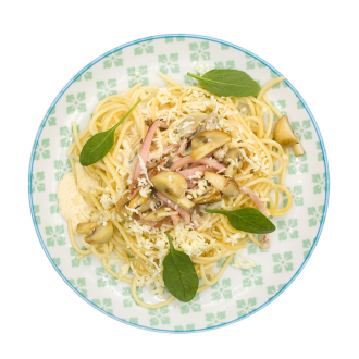 Паста с ветчиной и грибами в сливочном соусе